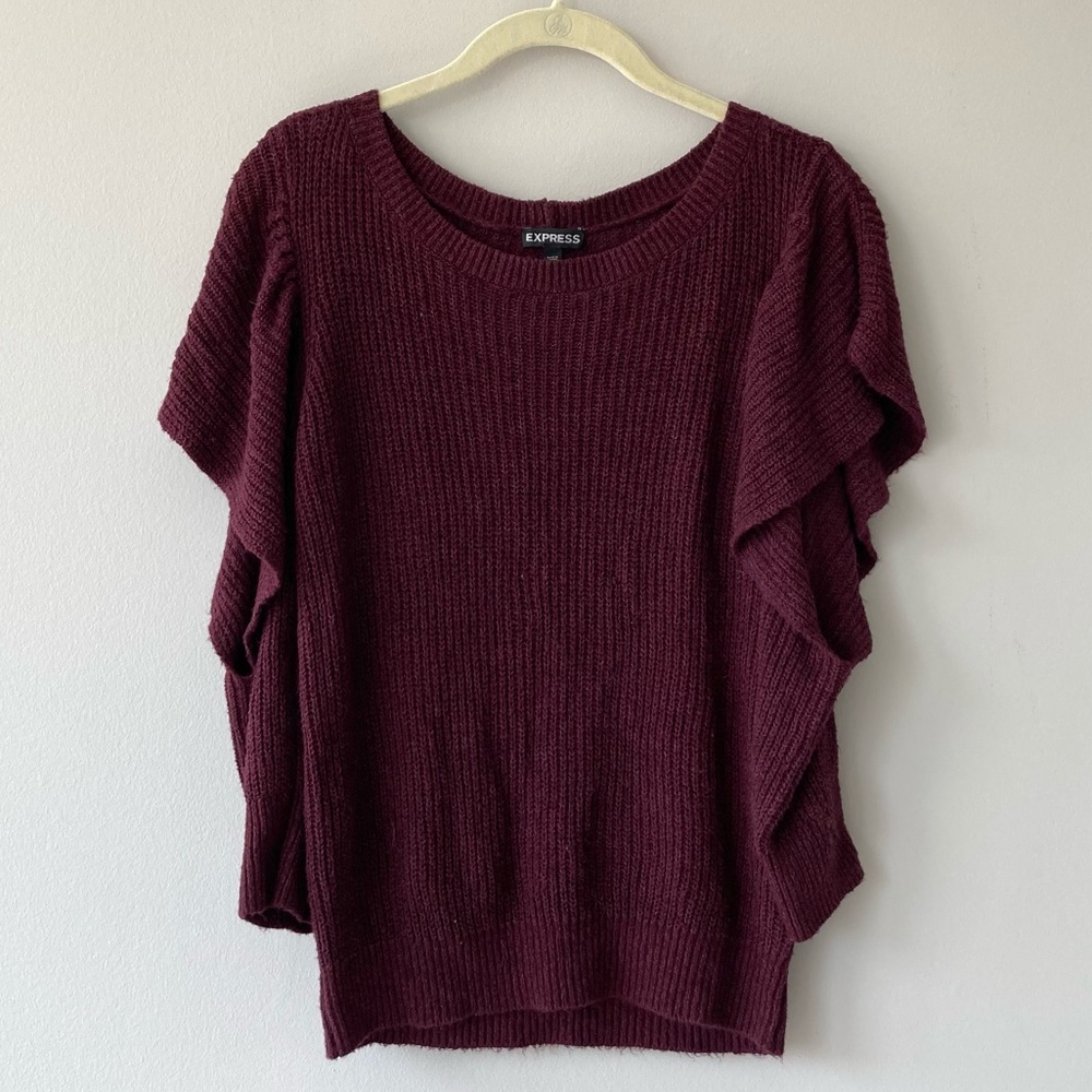 Express Knit Maroon Ruffled Cut Out Sweater